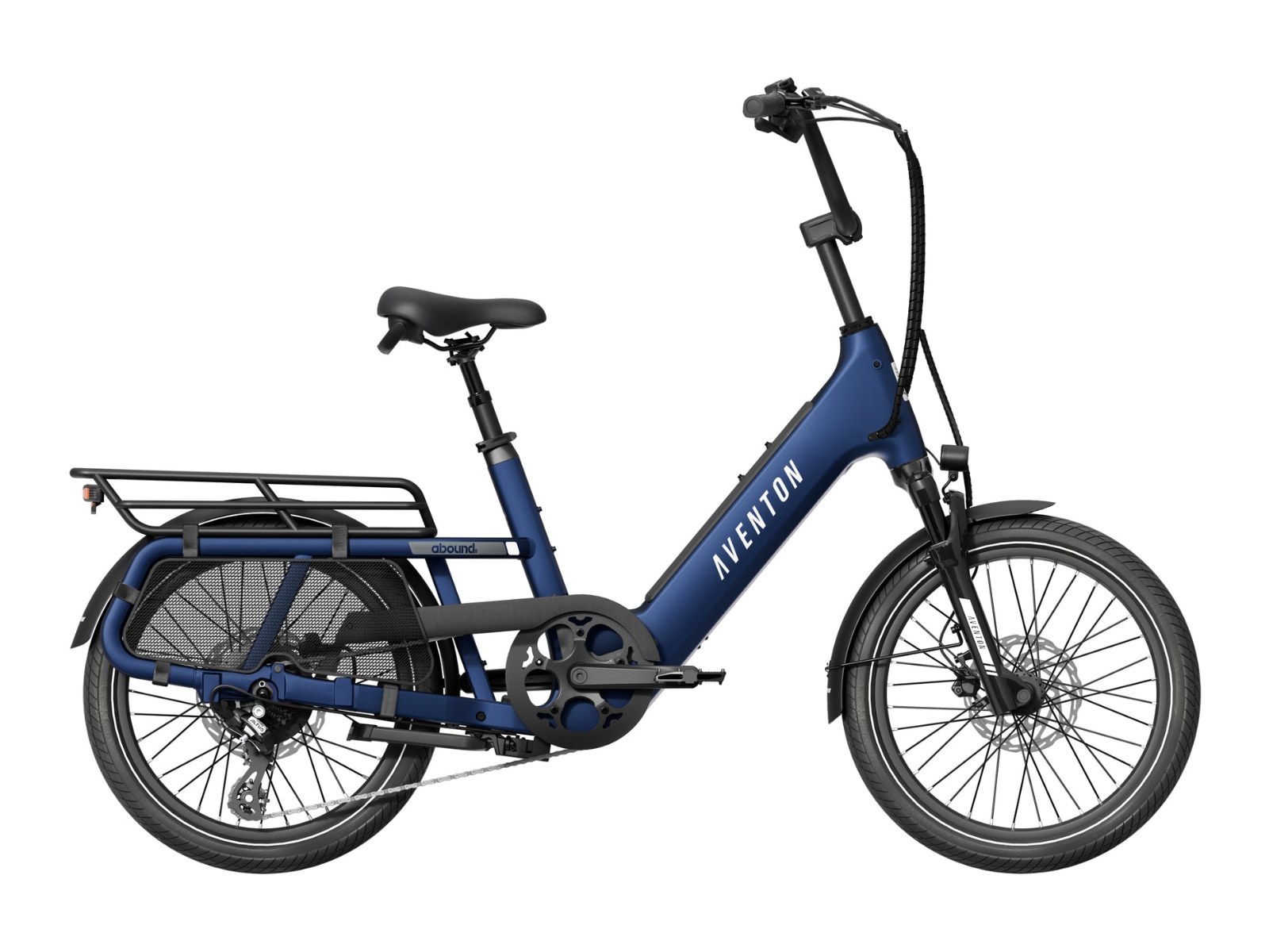 Aventon Abound SR compact cargo e-bike in cobalt blue, side profile on white background