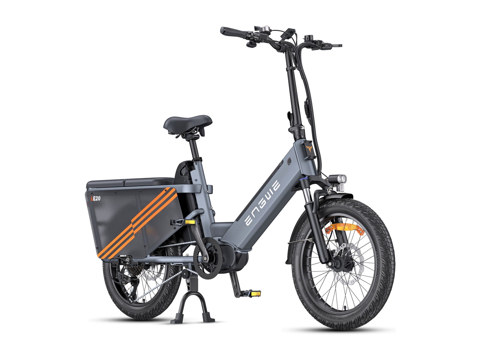 Engwe LE20 cargo e-bike in grey, front three quarter view on white background