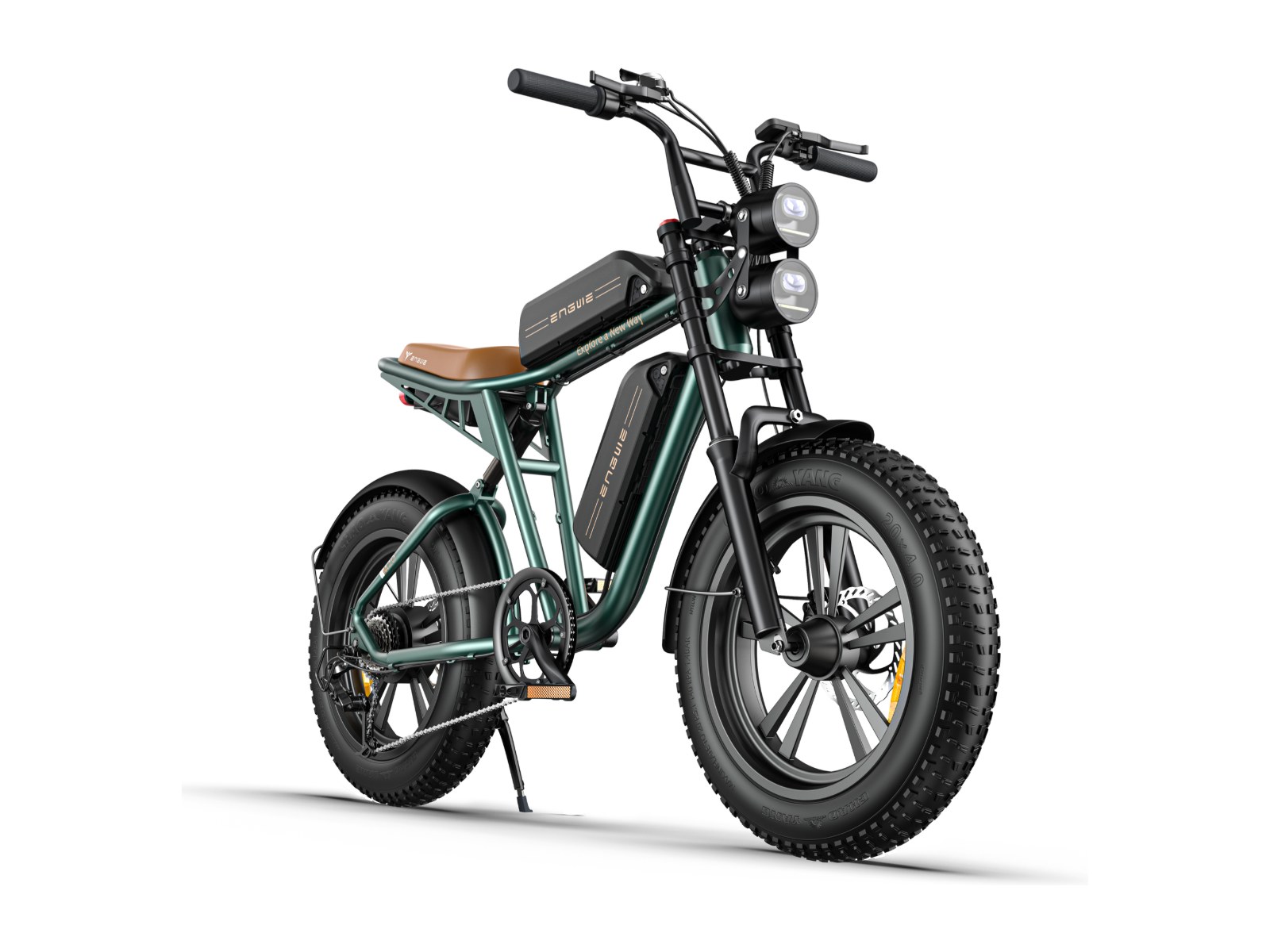 Engwe M20 fat tyre e-bike, front three quarter view on white background
