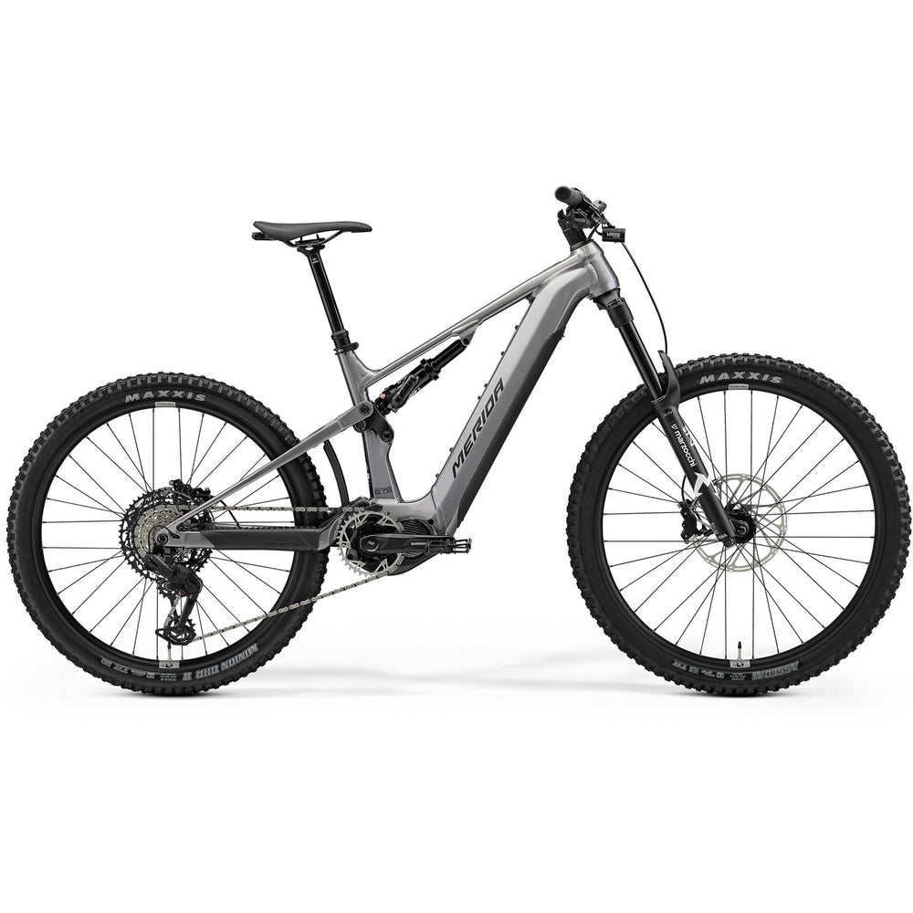 Merida eOne-Sixty 675 enduro e-MTB in gunmetal grey, side profile on white background