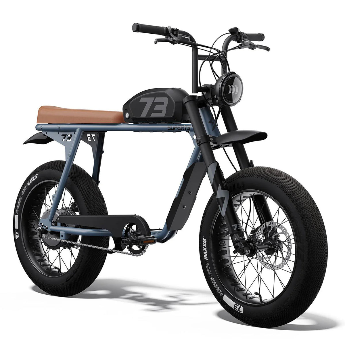 Super73 S2 Special Edition fat-tyre moped-style e-bike in panthro blue, front three quarter view on plain background