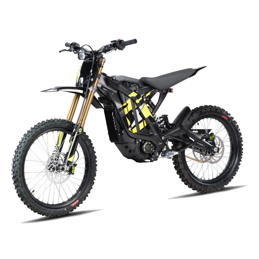 Sur-Ron Light Bee X electric off-road dirt bike in carbon black, side profile on white background