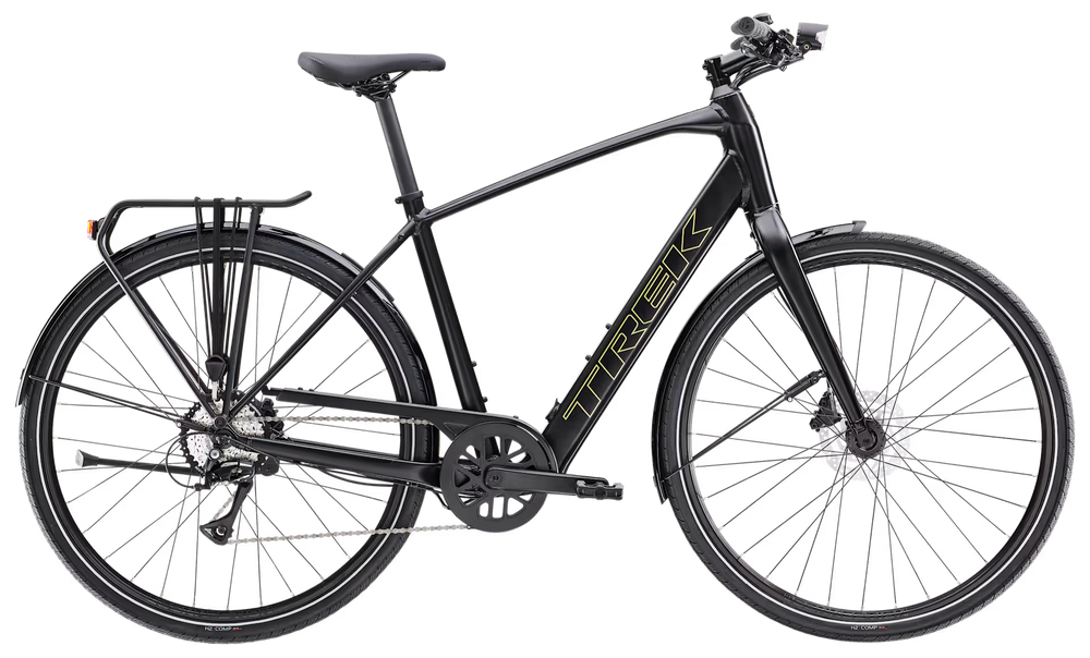 Trek FX plus 2 LT lightweight commuter e-bike, side profile on white background